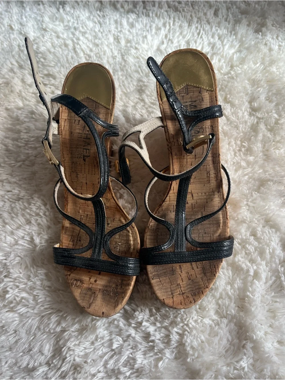Michael Kors Black Leather T-Strap Cork Wedge Sandals